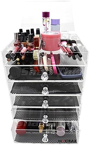 Acrylic Makeup Organizer Holder - Clear Cosmetics Storage Box Solution With 5 Tier (4 Drawers) & FREE Removable Divider & Mats