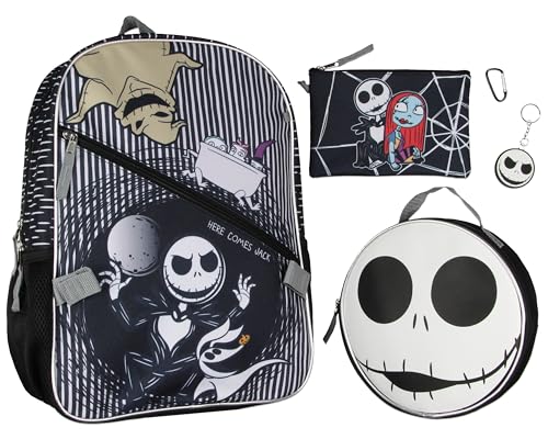 Bioworld Disney Nightmare Before Christmas Jack Skellington Conjunto de mochila 5 peças com lancheira estojo de lápis mosquetão e chaveiro