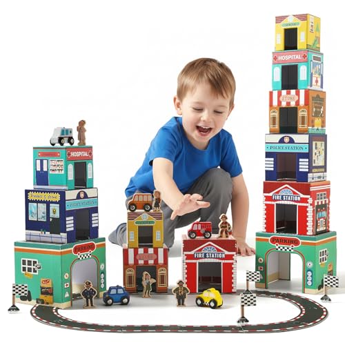 Youuys 3-in-1 Sorting and Stacking Toys for Toddlers 1-3 with Building Blocks, Wooden Community Helpers, Montessori Nesting Boxes for Preschool...