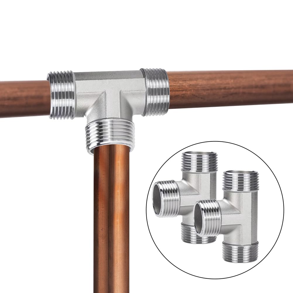 2 Stück Edelstahl T-Stück 3/4 Zoll, 3/4" AG Edelstahl 3-Wege T Verteiler, 3/4" BSP Außengewinde T förmig, DN20 T-Stücks Wasseranschluss, 3 Wege T-Verbindungsstück, 3 Wege T-Verbinder für Sanitär
