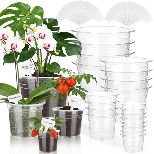 Ysglory 20 Pcs Clear Nursery Pots 4/6/7/10 Inch Plastic Plant Pots with Drainage Holes for Seed Starting Planters Transparent Reusable Seedlings Pot - 20 Plant Labels