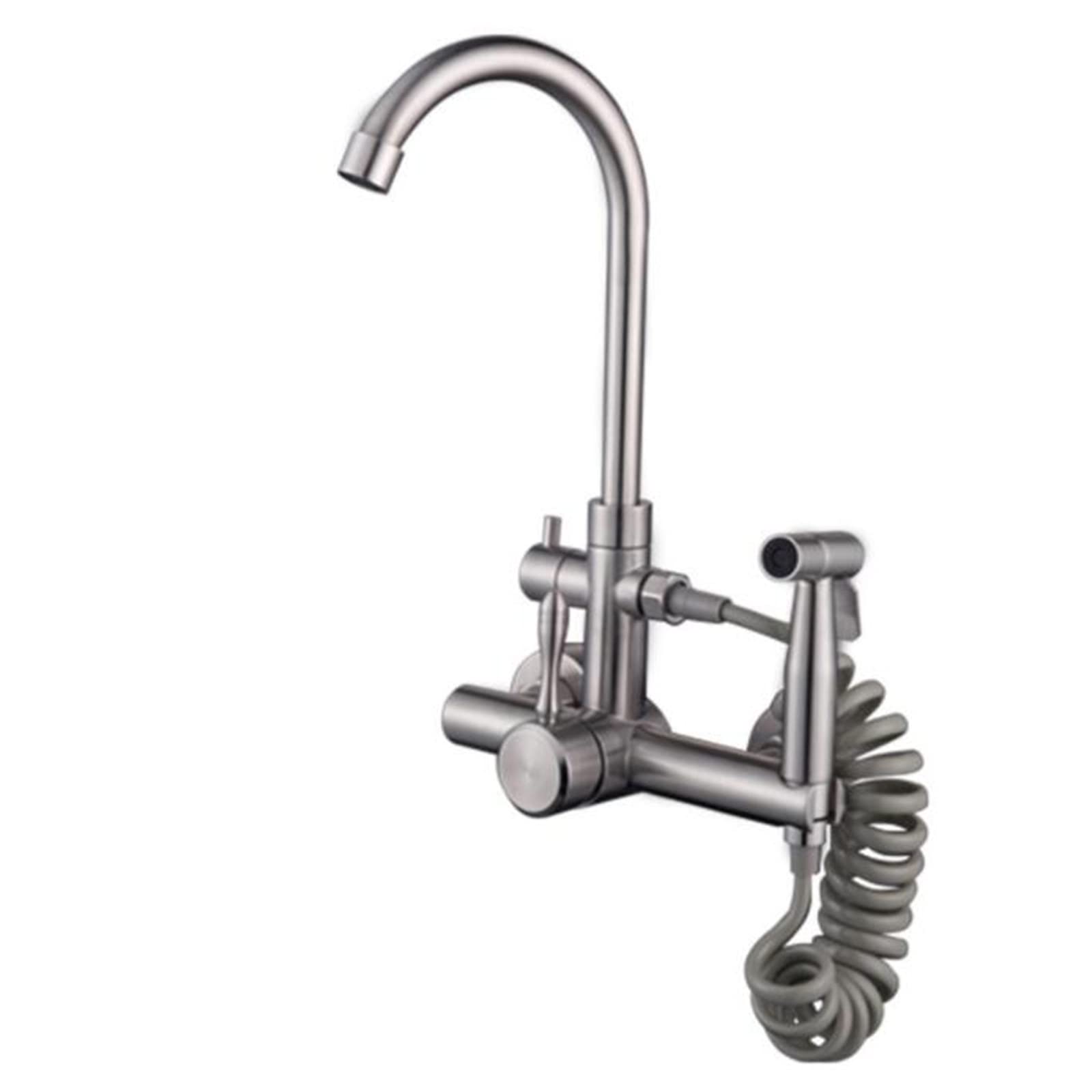 Robinet de cuisine mural inox avec pistolet spray eau chaude et froide