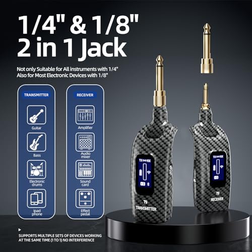 Sistema inalámbrico para guitarra T9, transmisor y receptor de audio inalámbrico para guitarra, bajo e instrumentos eléctricos, conectores de 1/4" y 1/8", pantalla LCD, Bluetooth, volumen ajustable, 5 horas de autonomía miniatura 4