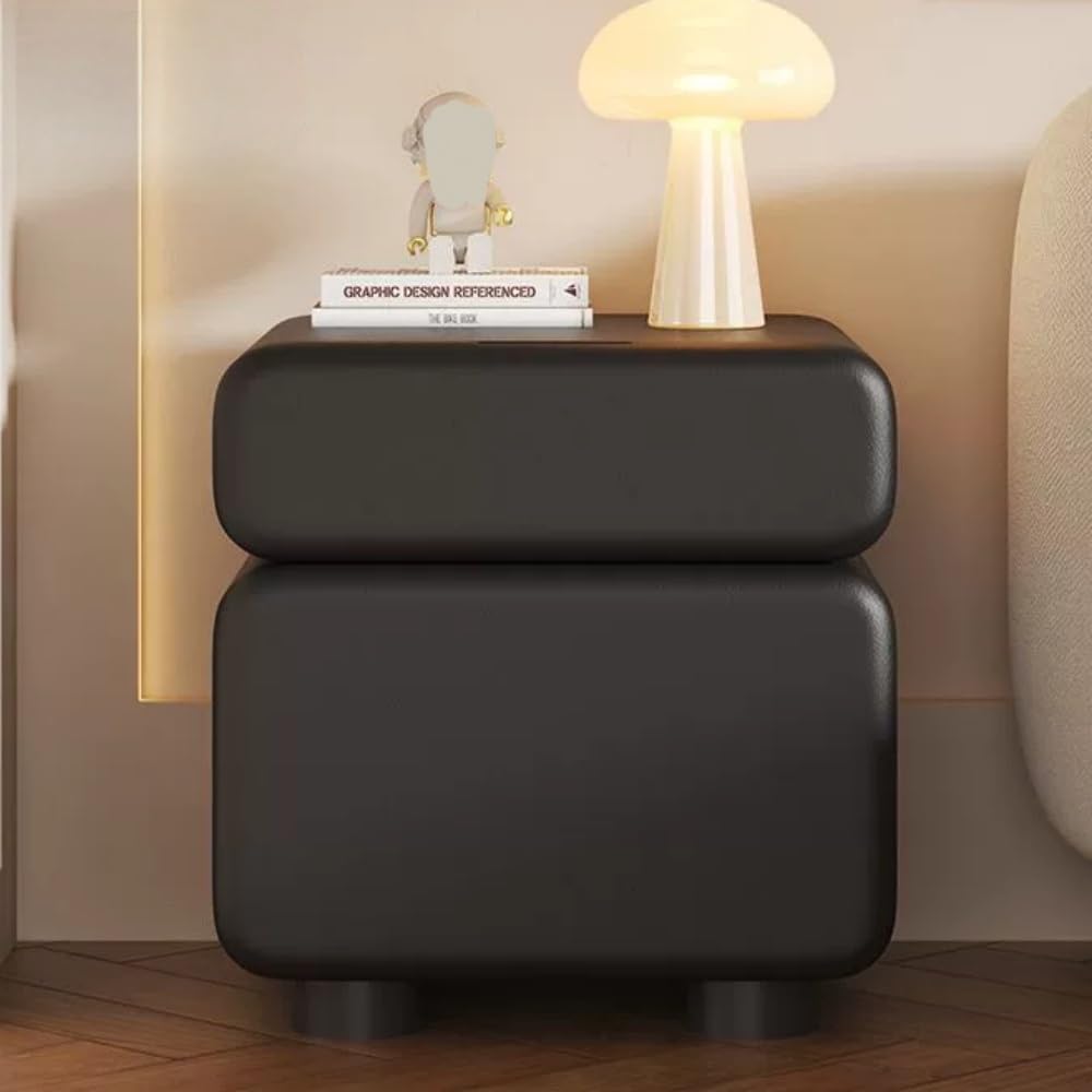 Wood Bedside Table with Two Drawers, Leather Wrapped Hidden Pull Design, Modern Storage Side Cabinet for Bedroom and Living Room Spaces(Black,48cm/18.9in)