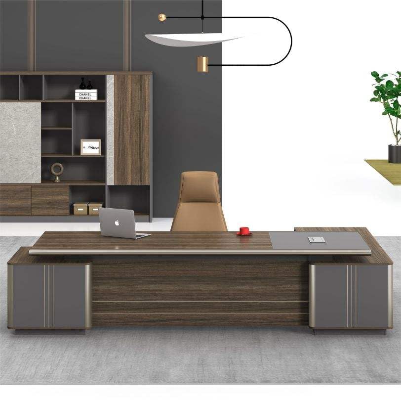 Image of Luxury Executive Director Table with Integrated Side Storage, Wide Worktop & Premium Wood Finish for Modern Corporate Offices (LDL-761 MDFL L6W3)