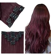 Benehair Real Hair Extensions Clip in Human Hair Wine Red 16inch Long Straight Remy Natural Full ...