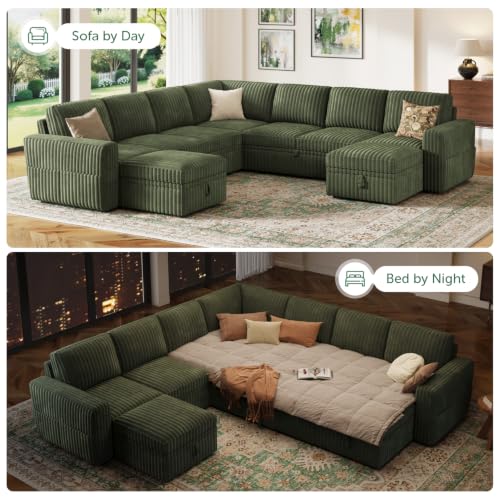 Image of HONBAY Modular Sectional Sleeper Sofa with Pull Out Bed Oversized Corduroy L Shaped Sofa Bed with Storage Couches for Living Room,Green