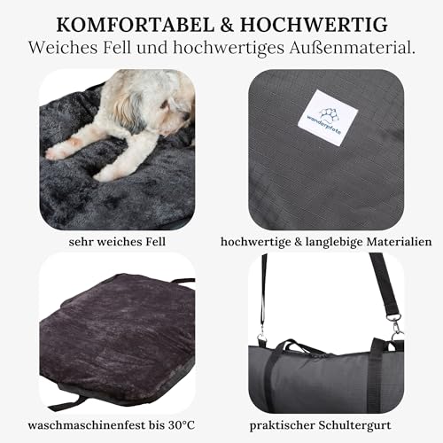 Wanderpfote Hundebett für Unterwegs – hochwertiges Orthopädisches Hundebett – praktische Tragetasche für Gepäck oder Tragehilfe Hund – Hundematte OekoTex und GSR Zertifiziert (Grau, M)