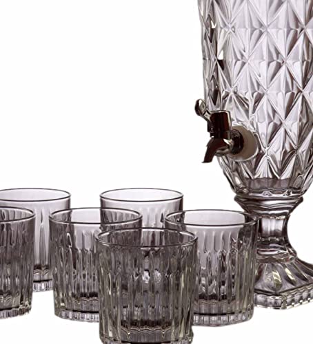 Image of Premium Water and Juice Glasses Set of 6 300 ML and 2.8 Liter Bevarage Dispenser with Stainless Steel Tap 1 piece, Set for Dining Table,Party,Gift Set,All pourpse use (7 piece) (MT-23)