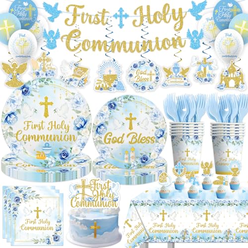 First Communion Decorations 130Pcs blue Religious Theme Set with First Holy Communion Banner Balloons Plates Cup Napkins Forks Tablecloth Hanging Swirls Cake Topper Cupcake Topper