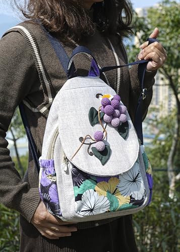 Image of Womens Boho Cotton Hemp Cloth Backpack Boho Vintage Embroidered Casual Purse Handbags Messenger Bag Wheat Ears