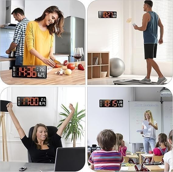 Image of Digital Wall Clock, Digital Clock Large Display, Dual Alarms, Automatic Brightness Dimmer- Easy Track The Time, Date, Day of Week and Temperature, with Remote Control (16 inch Rectangle Orenge & White)