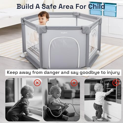Image of Baybee Neo Kids Playpen for Babies | Baby Activity Playards with Zipper Lock & Corner Protection | Baby Play Area Indoor Setup with Hexagon shape for Extra Space | Outdoor Play Pen for Baby up to 5 Years (Grey)