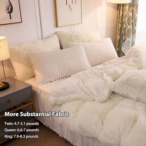 Image of LIFEREVO Luxury Plush Shaggy Duvet Cover Set, Soft Velvet Fluffy Furry Duvet Cover Set(1 Ivory Faux Fur Fuzzy Comforter Cover+2 Pompoms Pillowcases)Solid Bedding Set, Zipper Closure(King, Light Beige)