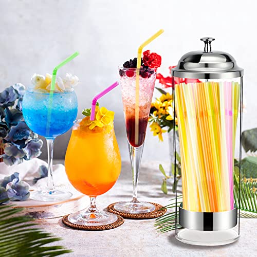 Straw Dispenser With 100Pcs Drinking Straw, Plastic Straw Holder With Stainless Steel Lid, Drinking Straw Organizer Container Transparent Drinking Straw Holder Dispenser For Kitchen #TOP3