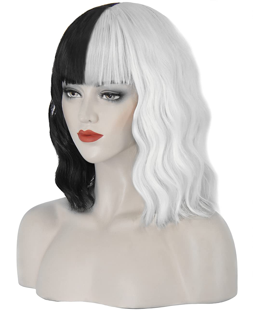 Cruella Deville Wig - Black and White, Short Wavy Wig for Women's Cruella Costume Party - JZ001BW