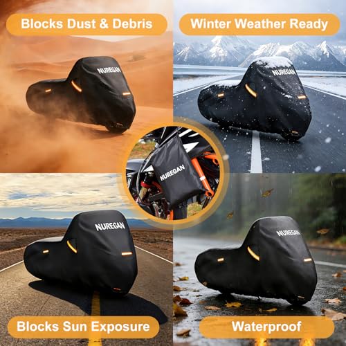 Heavy Duty Motorcycle Cover Waterproof Outdoor Universal Fit up to 92 Inch, All Season Protection for Kawasaki Z650 Ninja ZX-10R, Honda Rebel 500 CBR500R with See-Through License Panel by Nuregan - Image 6