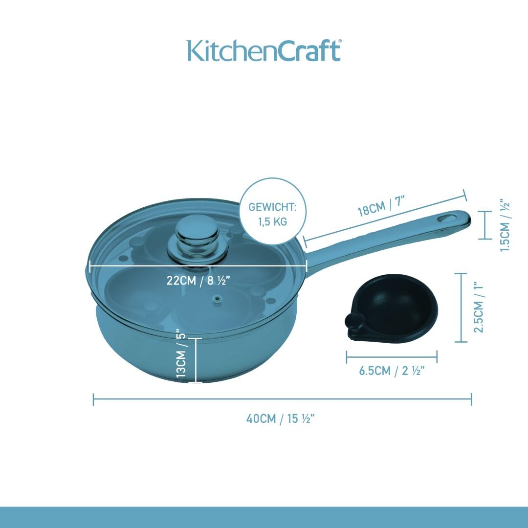 KitchenCraft Pochierpfanne, Eierpochierer, Eierpochierpfanne aus Kohlenstoffstahl, Eierpochierpfanne für 4 Eier, Antihaft- und induktionssicher, 20,5cm (11''), Silber