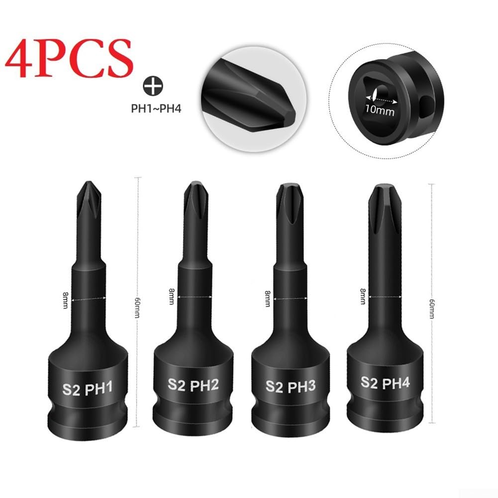 4pcs Bit Socket, 3/8 Inch Cross Screwdriver Bit for IMPACT Drive Socket Adapter Head PH1 PH2 PH3 PH4, Variety pack - Image 2