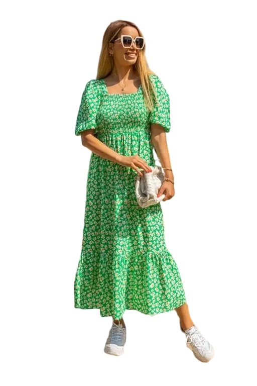 Image of Women's Floral Printed Square Neck Green Maxi Length Dress