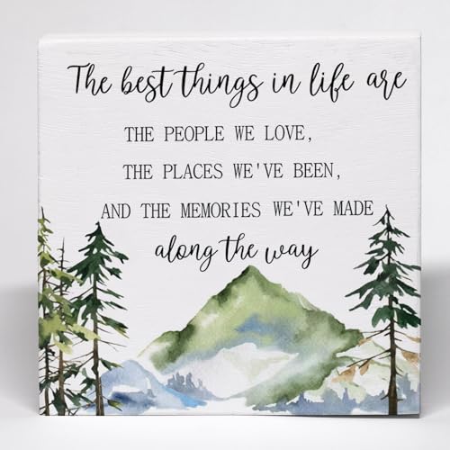 Image of Yorhifa Inspirational Bible Verse Quotes Wood Box Sign, Farmhouse Family Signs Bathroom Shelf Decor, Watercolor Mountain Family Housewarming Wooden Box Block Sign Guest Bedroom Shelf Decor