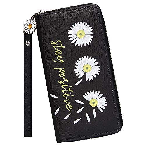 KUKOO Women’s Printed Zip Around Wallet Phone Clutch Purse Card Holder Organizer (Yellow -daisy-6)