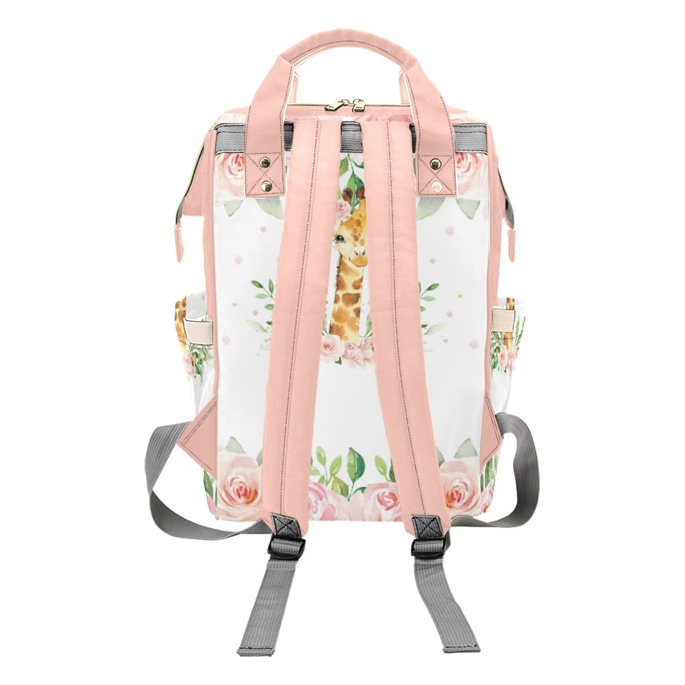 Watercolor Pink Floral Giraffe Diaper Bags Backpack with Name Personalized Baby Bag Travel Tote Bag Gifts for Mom Girl