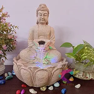 Craftisan Polyresin Stone Table Top Indoor Water Fall Fountain with LED Lights Home Decor Decoration Gift Gifting (Buddha)