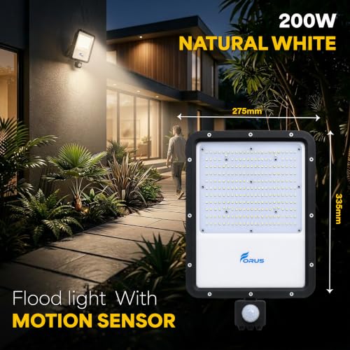 Image of Forus 200W LED Flood Light Natural White with Motion Sensor Auto On Off Day Night Mode Waterproof Outdoor Security Light for Garden Parking Garage Factory Shop High Bright Floodlight 4Yr Warranty-1Pc