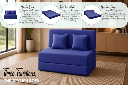 Image of Sofa Cum Bed with Jute Fabric, Convertible Two Seater Sofa Bed 4x6 Ft, Comfortable Cushioned Seating, Space Saving Design for Living Room, Bedroom & Guest Room - Blue Color