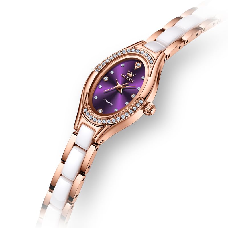 Image of OLEVS Women's Quartz Watches - Elegant Oval Diamond Dress Watch with Ceramic Band, 30M Waterproof Ladies Wrist Watch for Dress & Casual Wear (Rose Gold Blue /Red /Purple /White)