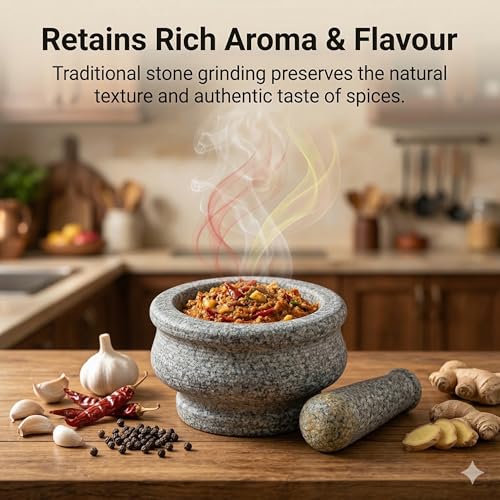 Image of Nakshathra Stone Mortar and Pestle for Kitchen, Handcrafted Heavy Kharal Musal, Traditiaonal Grinder for Crushing Spices, Garlic, Ginger, Herbs, Ideal Khalbatta for Daily Use (6 inch /15.24 cm)
