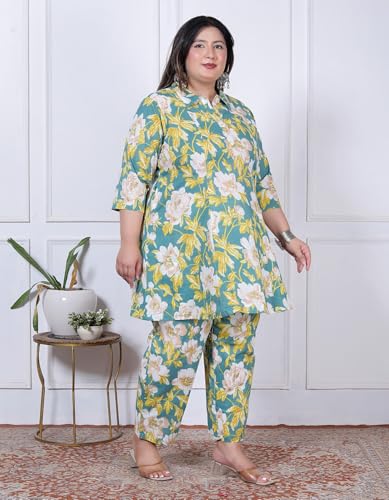 Image of NISHIRE Women's Cotton Floral Co-ord Kurta Set, Plus Size Stylish Ethnic Wear Set