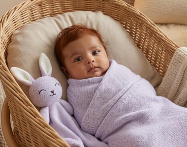 Image of Baby Gift Set - Organic Cotton Newborn Blanket and Lovey Security Blanket Set, Baby Gift, Baby Registry Search Gift Registry by Name, Basket (Lovey - Bunny - Lavender)
