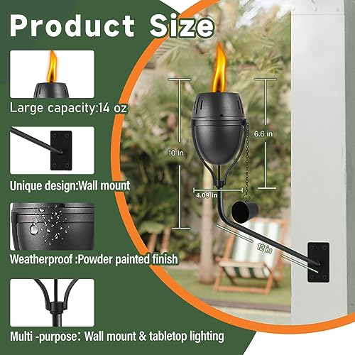 FAN-Torches Wall Mounted Citronella Torches Set of 6, 14 Oz Garden Torches for Outside, Refillable Flame Light Torch, Outdoor Metal Torch for Yard, Patio, Deck, Garden, Party, Landscape
