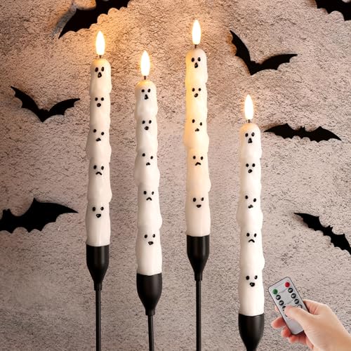Girimax White Ghost Halloween Flameless Taper Candles with Remote Set of 4
