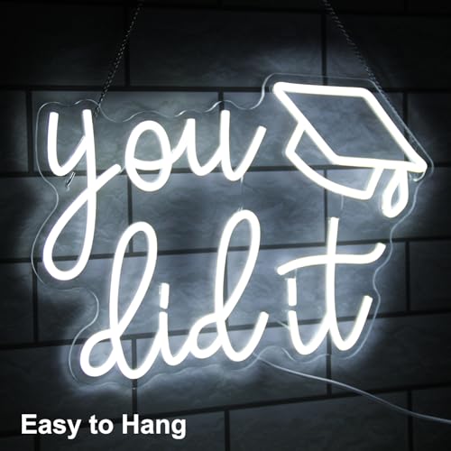 Image of You Did It Neon Sign Congrats Grad LED Neon Light for Party Backdrop Decor | Graduation Decorations 2026, Dimmable Graduation Cap LED Sign, White Letter Neon Lights Signs, Graduation Gifts, USB Powered