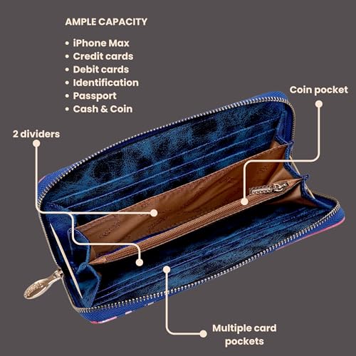 Royal Bloom Women's Zippered Wallet, Designer Wristlet with Floral Print and Crystal Embellishments (Royal Blue)4