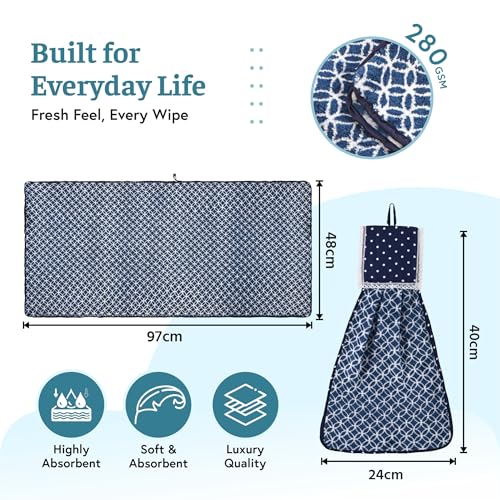 Image of Kuber Industries Combo of 4 Microfiber 19x38 Inch Soft Towels and Wash Basin Napkin for Bathroom and Kitchen | 280 GSM Quick-Dry & Absorbent Hand Towel for Everyday Use | Circle - Blue