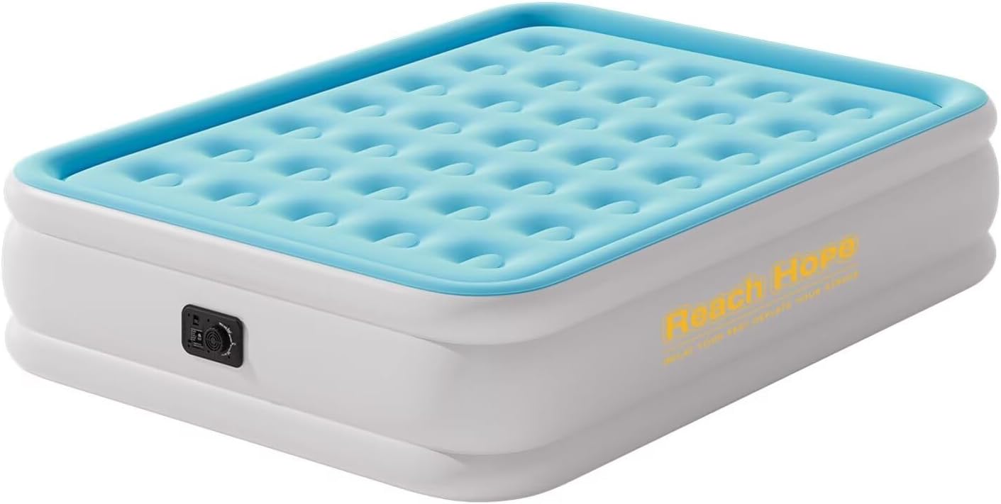 Air Mattress Queen with Built in Pump Coil Beam Comfortable Support Quick Self Inflatable Air Bed for Home Guest Camping (18'', Light Blue)