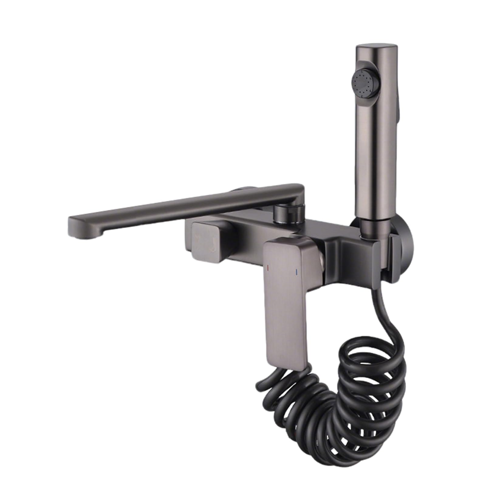 Grifo de Fregadero de Pared Latón con Pistola Rociadora Grifo Cocina Mezclador con Caño Giratorio 2 Orificios,Gris,20Cm