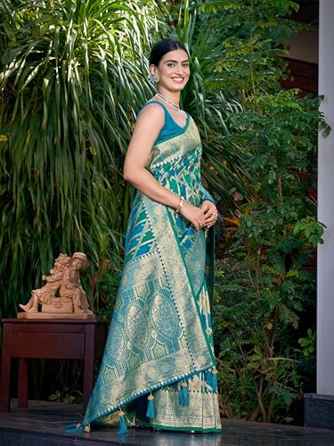 Image of MANOHARI Women's Trendy Banarasi Satin Silk Woven Saree with Heavy Jacquard Work, Elegant Design with Matching Lace Border Unstitched Blouse Piece for Weddings & Festive Occasions