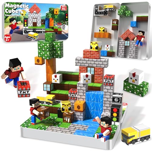 Annexfun Construction Magnétique Enfant 44 Pièces et 1 Personnage dans Boîte Métallique Portable - Chalet et Construction Routière Jeu de Construction...