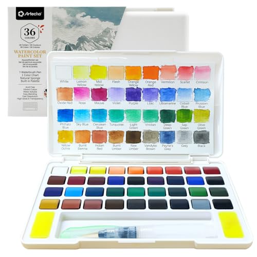 Artecho Juego de 36 pinturas de acuarela en caja portátil, con pincel para depósito de agua, acuarela para viajes, acuarelas para artistas y aficionados