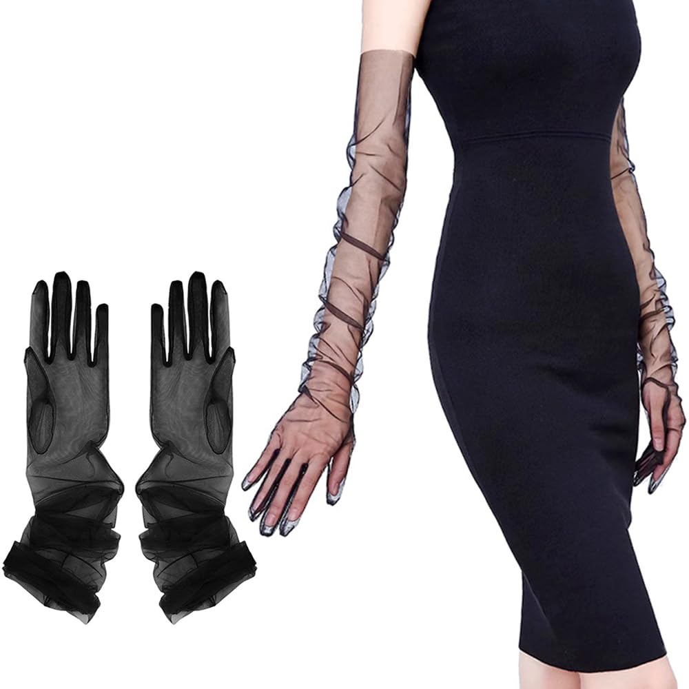 Black Gloves for Women Long Lace Gloves Sheer Mesh Gloves for women dressy