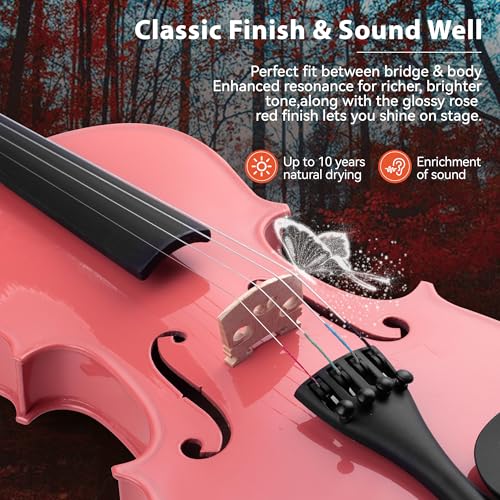 Image of Poseidon Kids Violin Beginner, 1 /2 Size Violins, Pink Violin Set Include Case, Rosin, Bow, Horse Bridge, Extra Violin Strings, Shoulder Rest, Manual Instruction