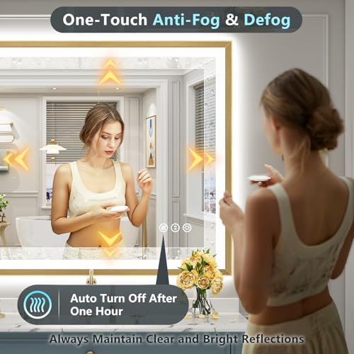Image of 44x30 Gold Beveled LED Bathroom Mirror with Lights, Brushed Gold Framed Backlit and Front Lit Anti-Fog Lighted Vanity Mirrors for Bathroom Wall, Dimmable, 3 Colors, Memory, HD Tempered Glass