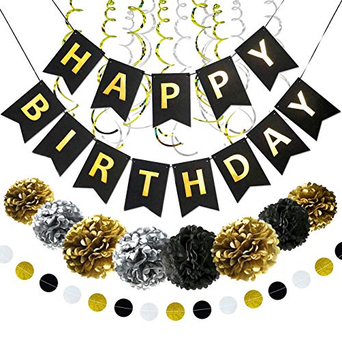 Happy Birthday Banner Party Decorations - Black Gold Decor Supplies Kit for Kids Adults - Bday Banner Garland Swirls Pom Poms Set