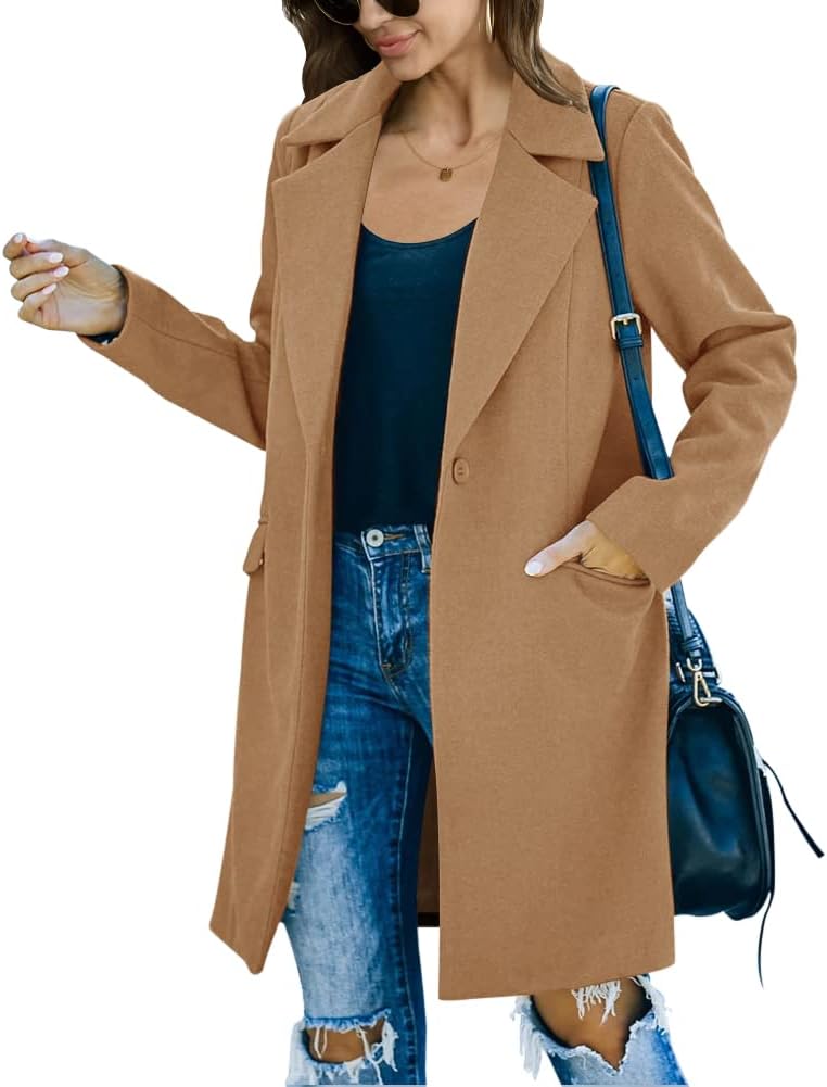 Fazortev women's Pea Coat Notch Lapel Single Breasted Wool Blend Mid Long Jacket Trench Overcoat - Image 3