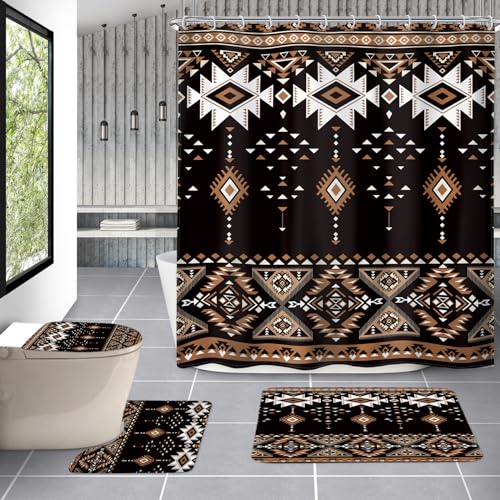AMBZEK Western Aztec 4Pcs Shower Curtain Sets 72Wx72L Inch Brown Vintage Native Tribal Ethnic Boho Abstract Geometric Artwork Cloth Fabric Waterproof Polyester Bathroom Decor Set with 12 Pack Hooks